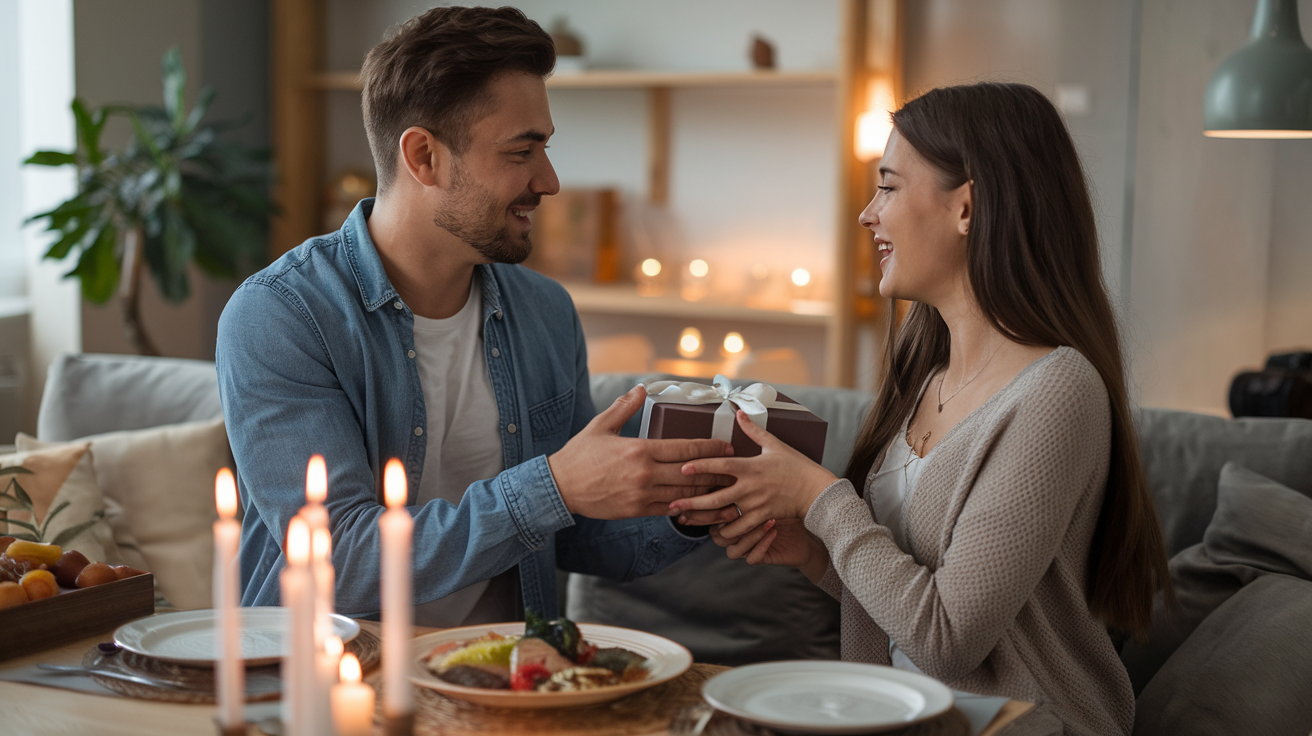 Zaljubljeni par razmenjuje poklone uz romantičnu večeru, savršen gest za proslavu prve godišnjice veze.