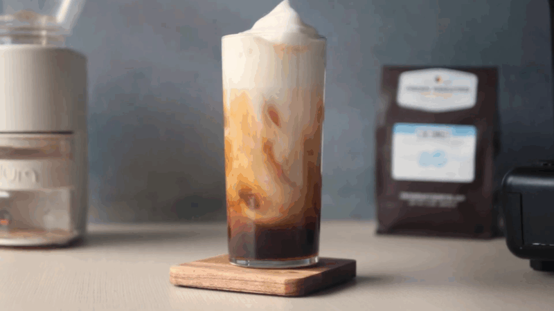 Visoka staklena čaša sa kokos ledenom latte kafom