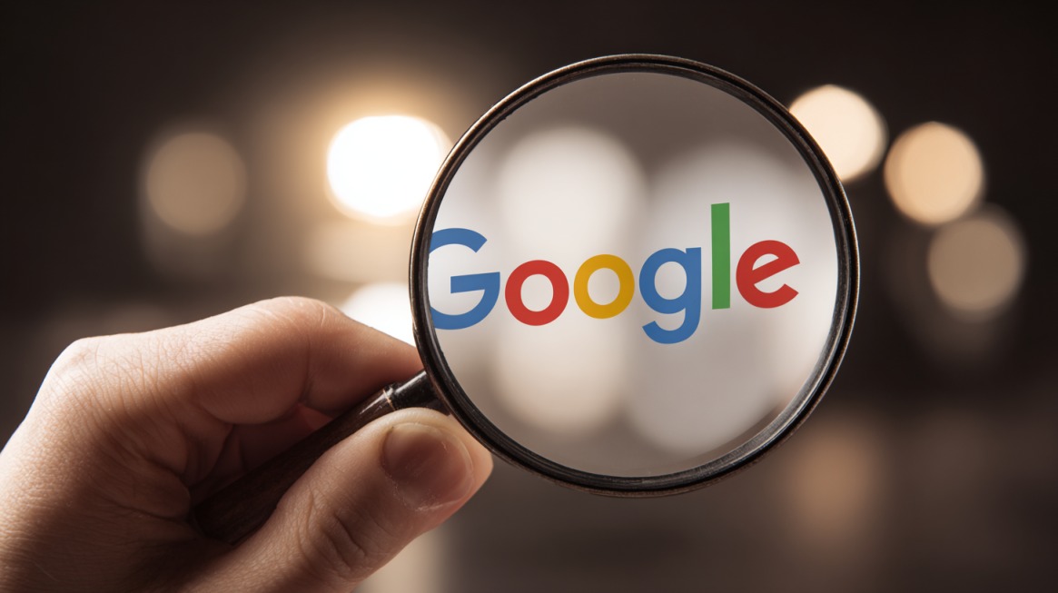 Uvećani prikaz Google logotipa kroz lupu koju drži ruka, na zamućenoj pozadini sa svetlosnim refleksijama