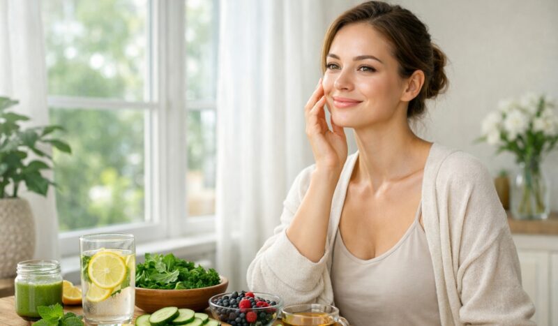 Žena sa zdravom, blistavom kožom stoji pored prozora u svetlom domu, sa limunskom vodom, povrćem i čajem za detoks