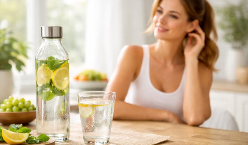 Staklena flaša i čaša vode sa limunom i nanom na drvenom stolu, u svetlom domu sa ženom u pozadini