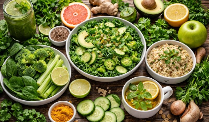 Raznovrsna sveža hrana za detoksikaciju organizma, zelena salata, povrće, voće, semenke i biljni detoks čaj