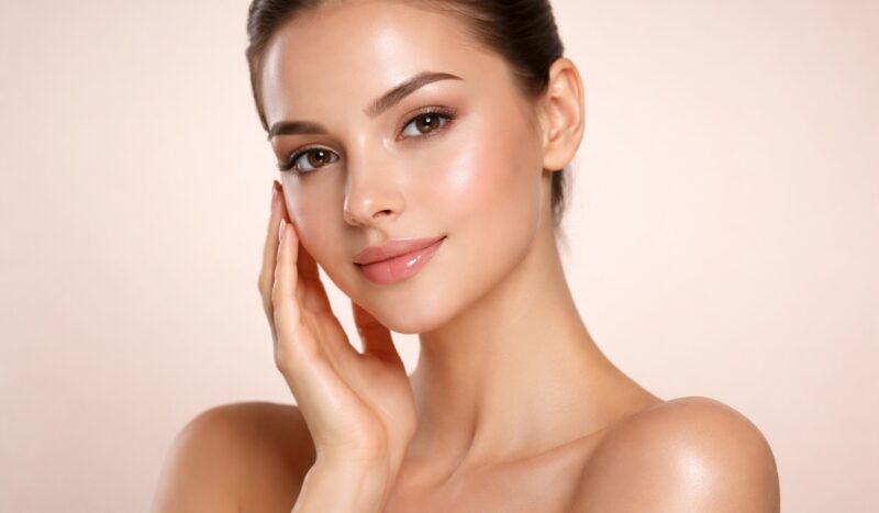 Krupni plan lica žene sa negovanom, glatkom i blistavom kožom, prirodna šminka i blag osmeh