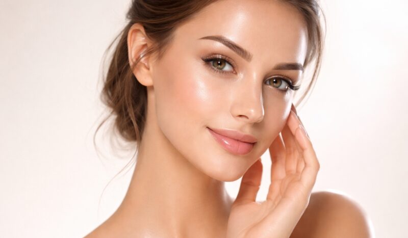 Krupni plan lica žene sa negovanom, glatkom i blistavom kožom, prirodna šminka i blag osmeh