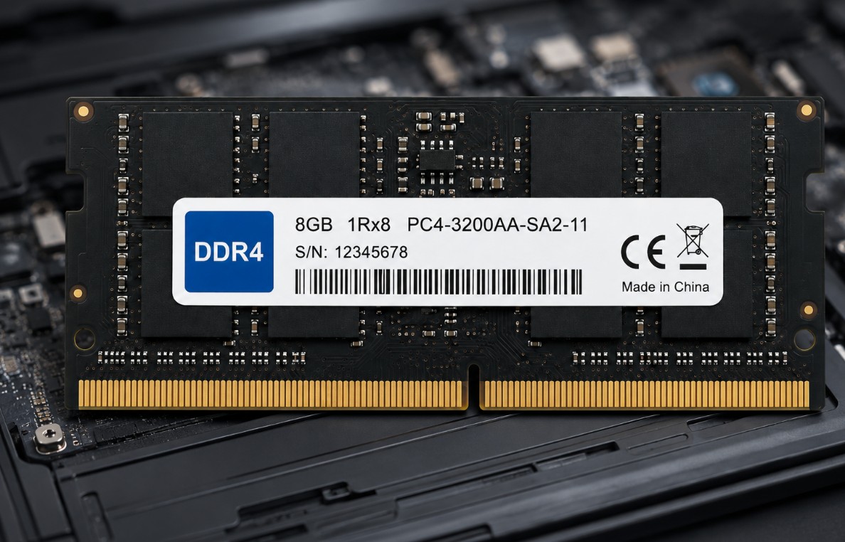 Laptop RAM memorija (DDR4 SO-DIMM modul) prikazana izbliza na pozadini unutrašnjosti laptopa, sa jasno vidljivim memorijskim čipovima i zlatnim konektorima