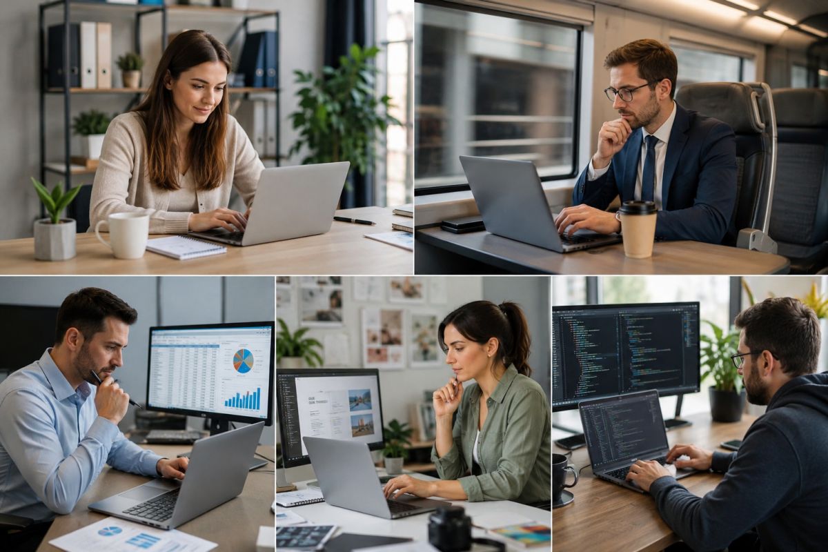 Kolaž poslovnih korisnika koji koriste laptope za administraciju, rad u pokretu, finansijsku analitiku, marketing i programiranje