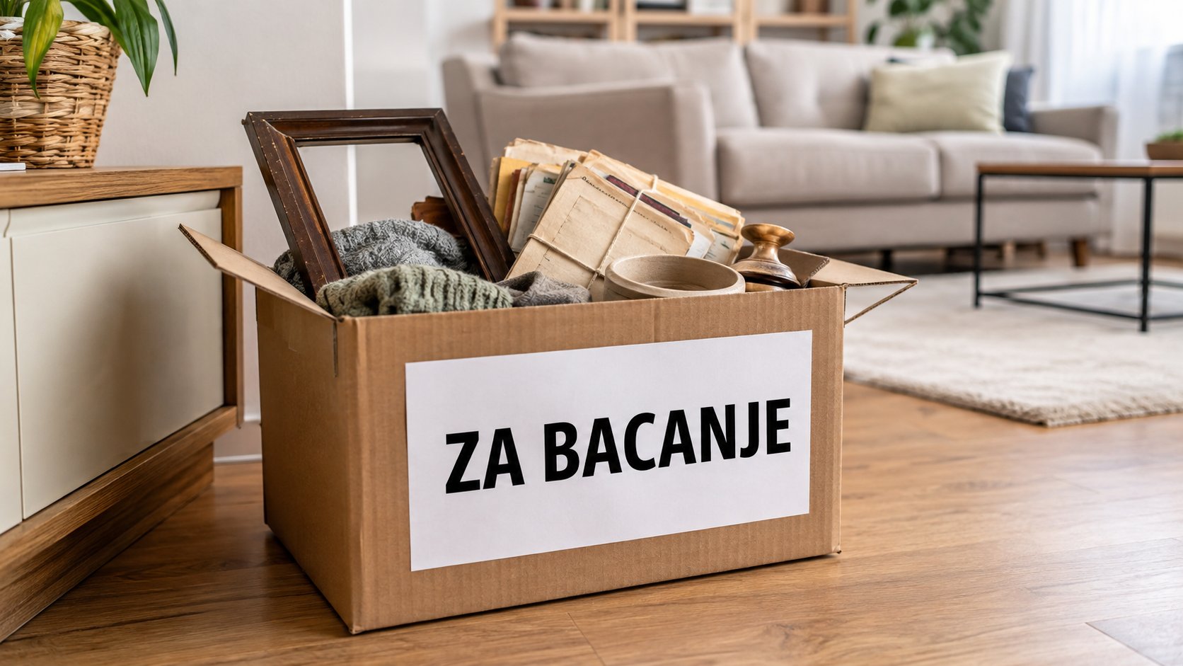 Kartonska kutija sa oznakom za bacanje puna stare odeće, papira, rama i kućnih predmeta